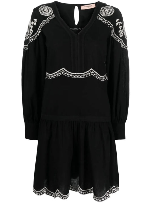 Embroidered Long-Sleeve Short Dress