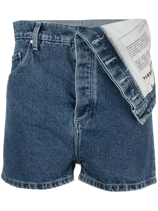 Foldover-Waist Denim Shorts
