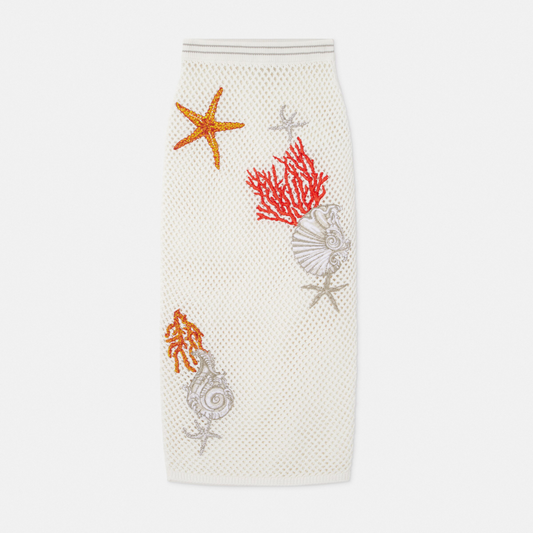 Embroidered Crochet Knit Midi Skirt
