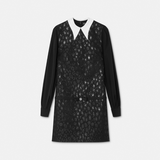 Leopard Contrast-Collar A-line Dress