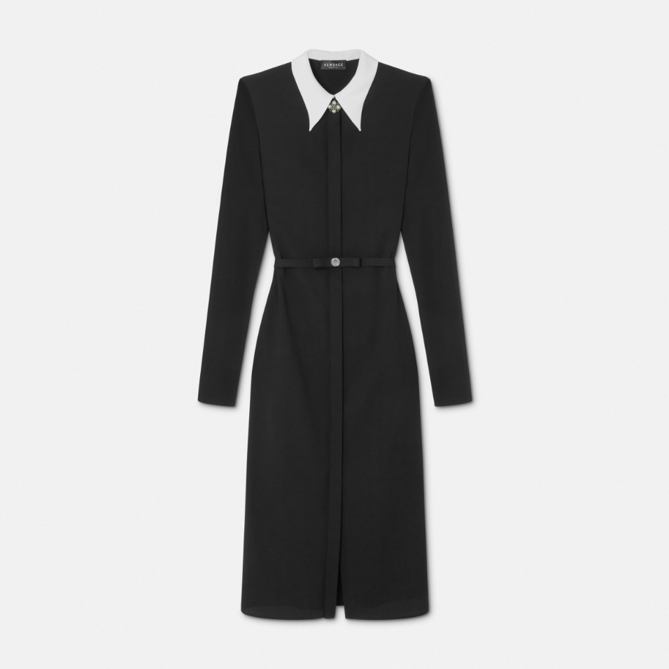 Contrast-Collar Sablé Midi Shirt Dress