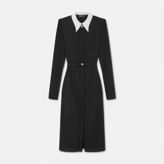 Contrast-Collar Sablé Midi Shirt Dress