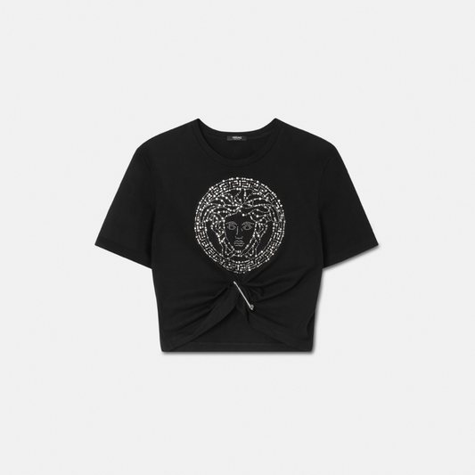Embellished Medusa Safety Pin Crop T-Shirt
