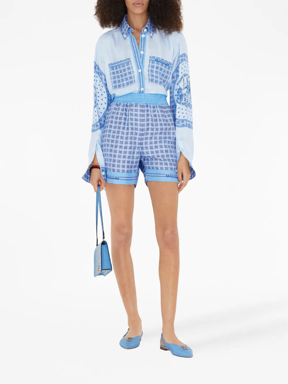 Checked Monument-Print Silk Shirt