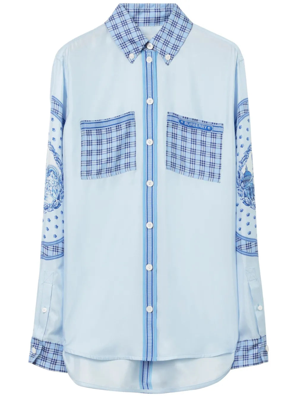 Checked Monument-Print Silk Shirt