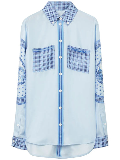 Checked Monument-Print Silk Shirt