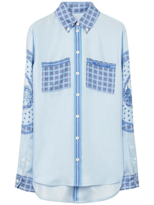 Checked Monument-Print Silk Shirt