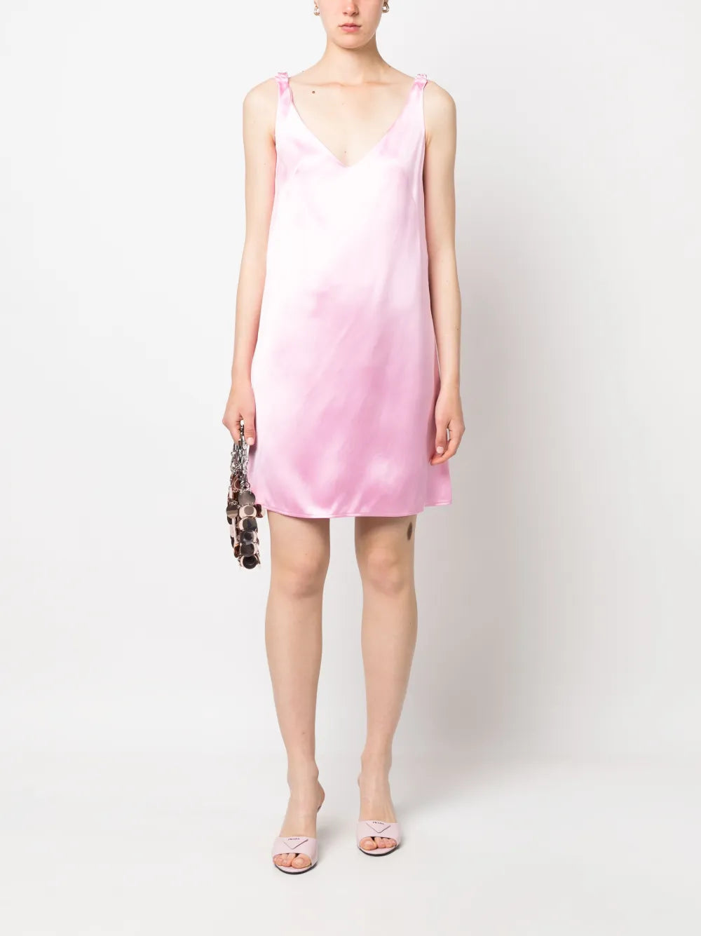 Ruched-Straps V-Neck Satin Dress