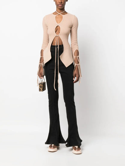 Tie-Fastening Long-Sleeve Knitted Top