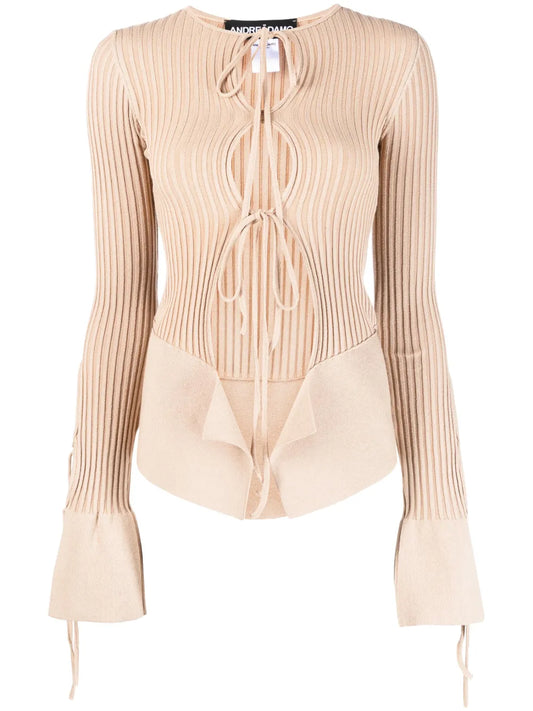Tie-Fastening Long-Sleeve Knitted Top