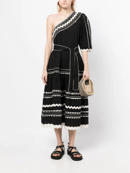 Ryleigh One-Shoulder Ric Rac Midi Dress