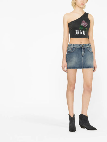 Rose-Print Denim Miniskirt