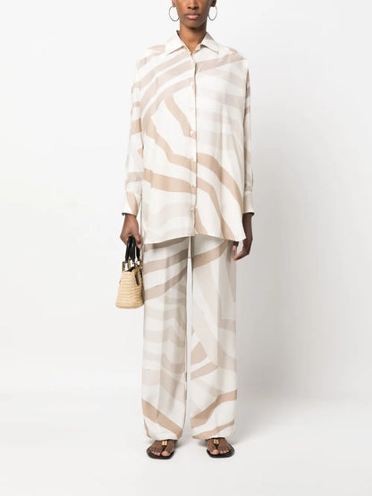 Abstract-Print Drawstring Silk Trousers