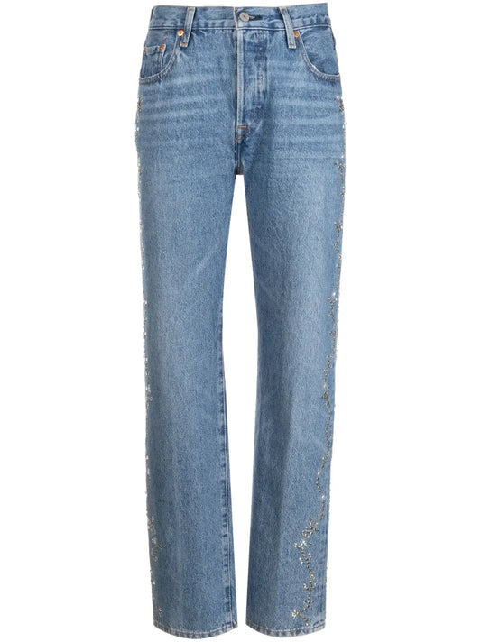 Eyelet-Embellished Cotton Tapered Jeans