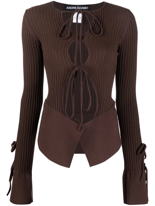 Tie-Fastening Long-Sleeve Knitted Top