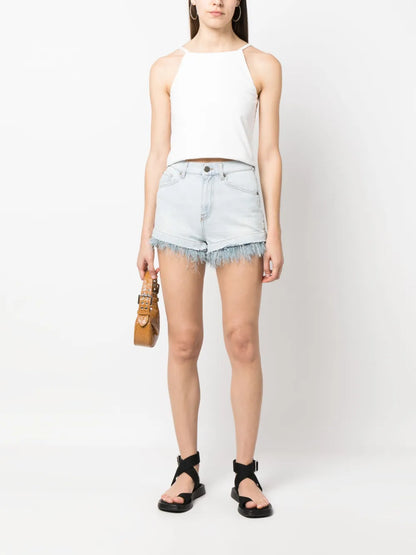 Feather-Trim Denim Shorts