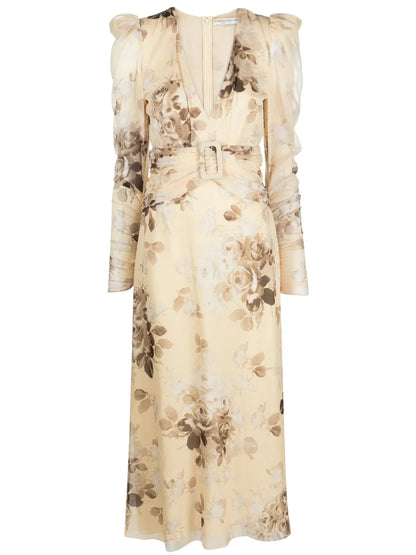 Floral-Print Belted Silk Dress