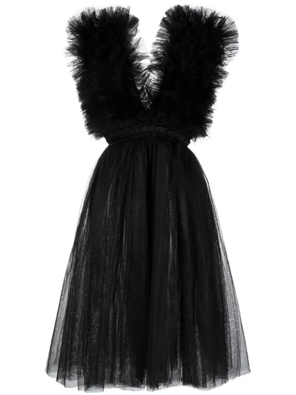 V-Neck Tulle Midi Dress