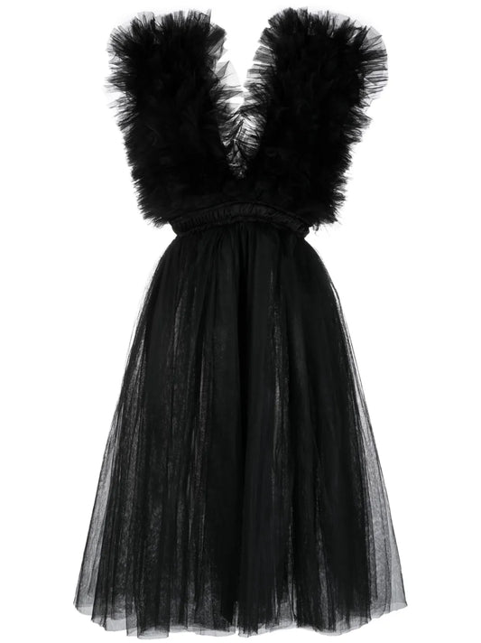 V-Neck Tulle Midi Dress