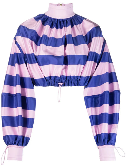 Horizontal-Stripe Print Drawstring Blouse