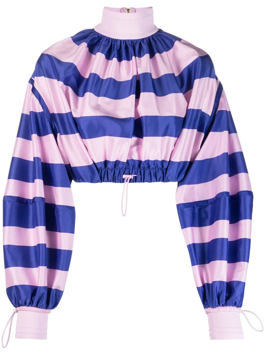 Horizontal-Stripe Print Drawstring Blouse