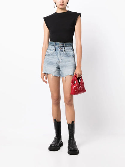 Raw-Cut Asymmetric Denim Shorts