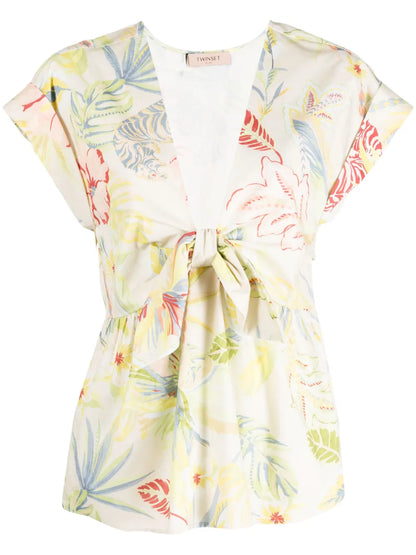 Floral-Print Cap-Sleeves Blouse