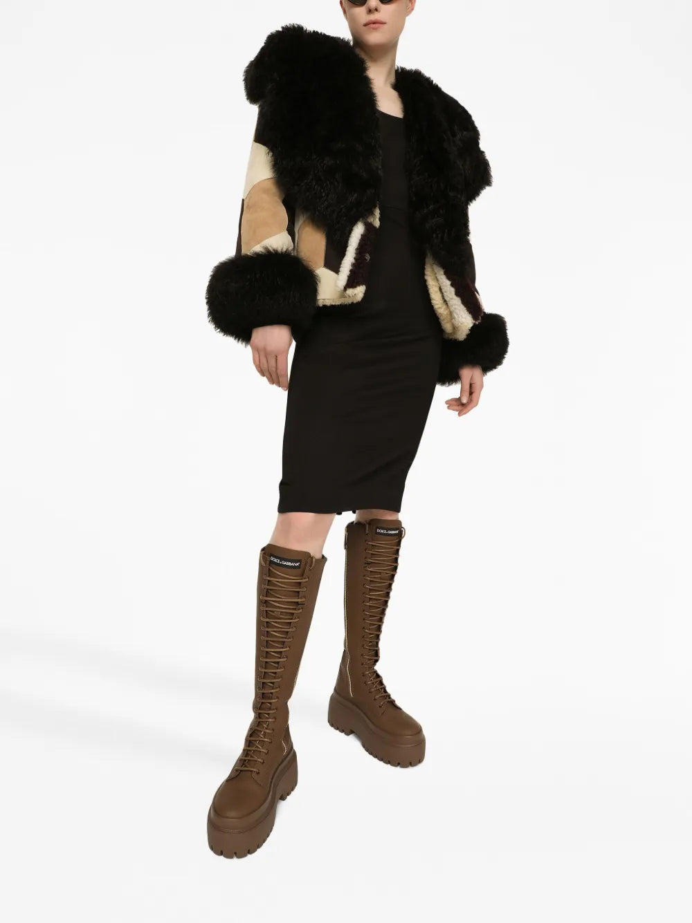 Patchwork-Design Long-Sleeve Coat