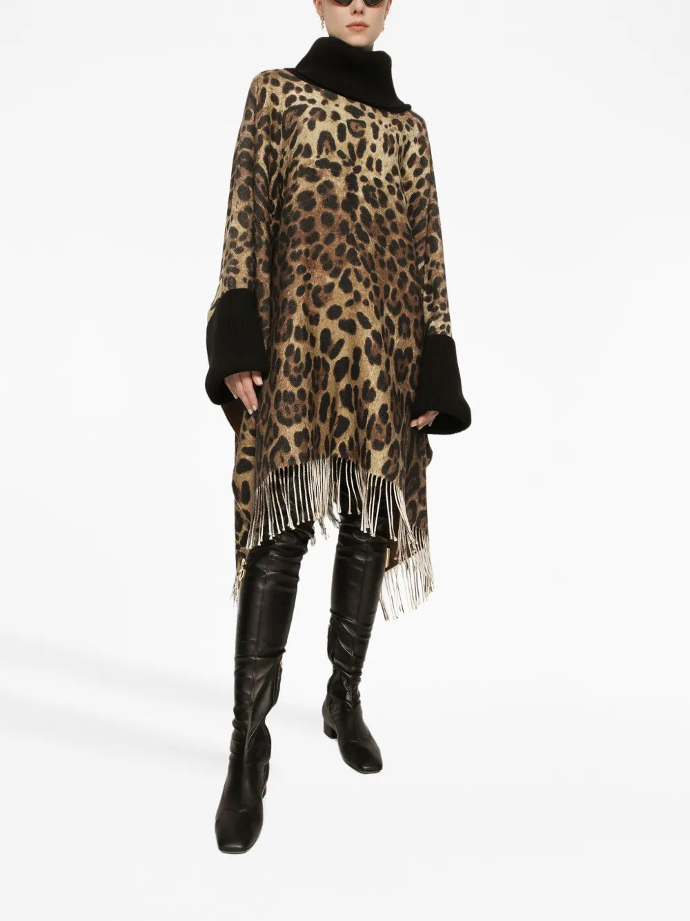 Leopard-Print Fringed Poncho