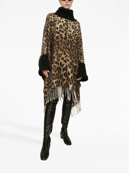 Leopard-Print Fringed Poncho