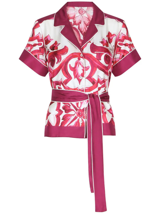 Majolica-Print Belted Silk Shirt