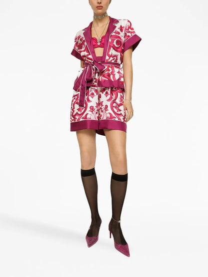 Majolica-Print Belted Silk Shirt