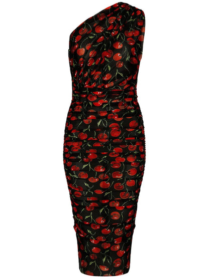 Cherry-Print Ruched Midi Dress