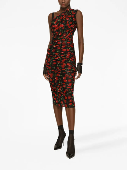 Cherry-Print Ruched Midi Dress