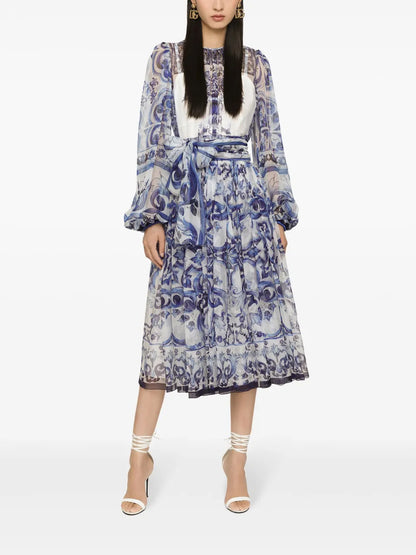 Majolica-Print Silk Midi Dress