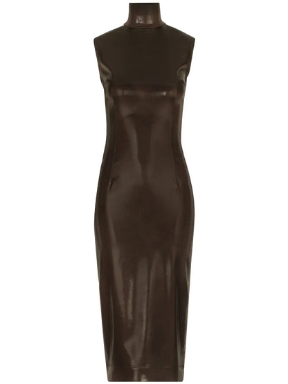 Coated High-Neck Midi Dress
