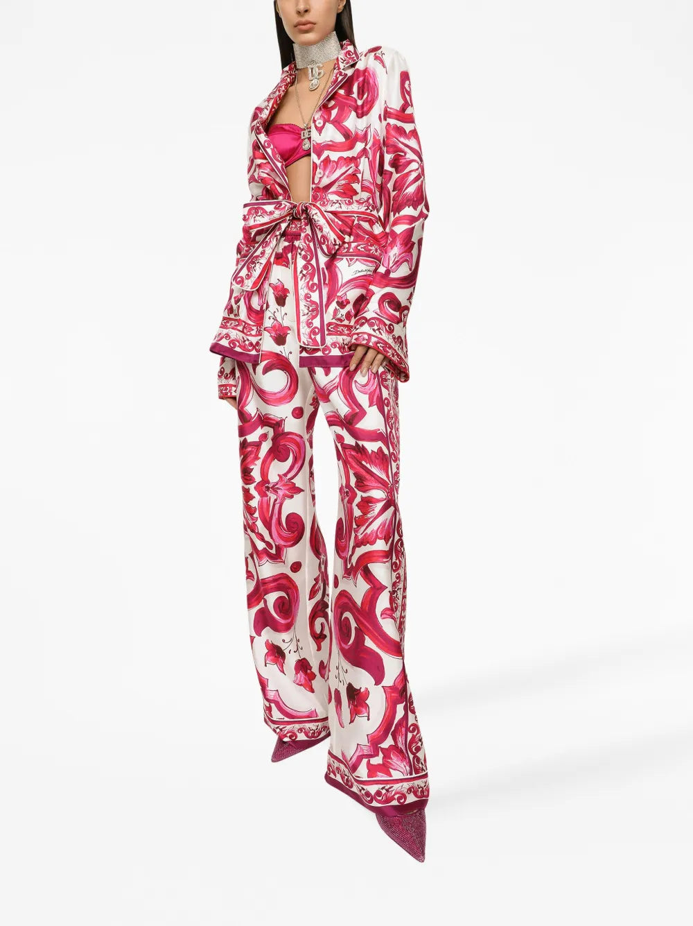 Majolica-Print Silk Straight Leg Trousers