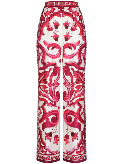 Majolica-Print Silk Straight Leg Trousers
