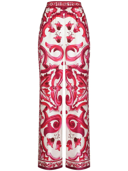 Majolica-Print Silk Straight Leg Trousers