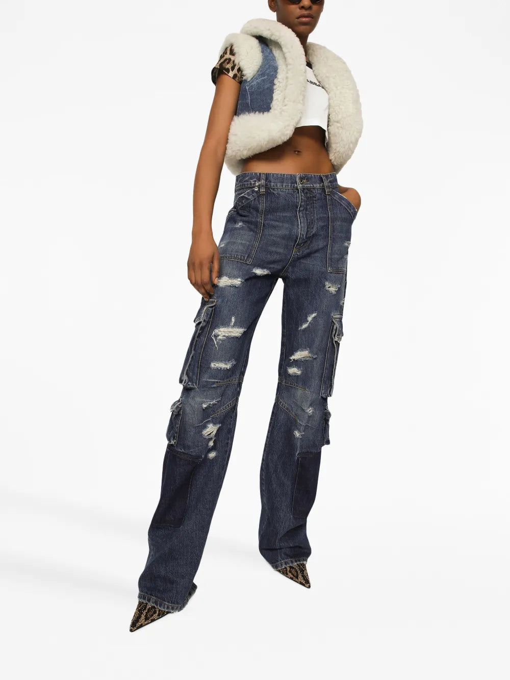 Distressed-Finish Straigh-Leg Cargo Jeans