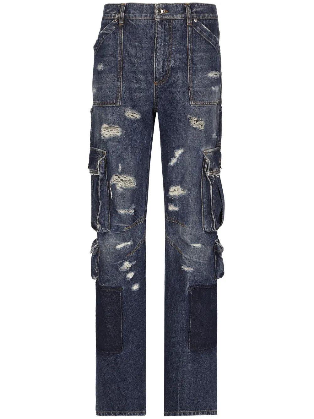 Distressed-Finish Straigh-Leg Cargo Jeans