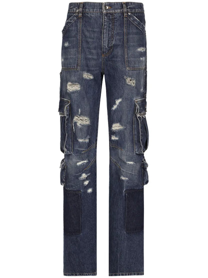 Distressed-Finish Straigh-Leg Cargo Jeans