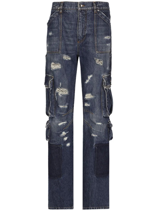 Distressed-Finish Straigh-Leg Cargo Jeans