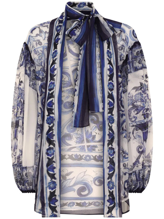 Majolica-Print Silk Blouse
