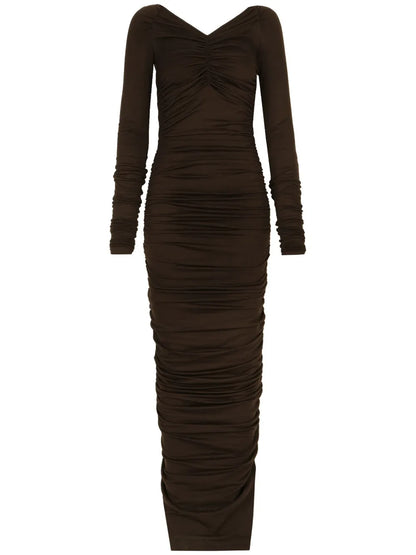 Off-Shoulder Ruched Wool Maxi Dress