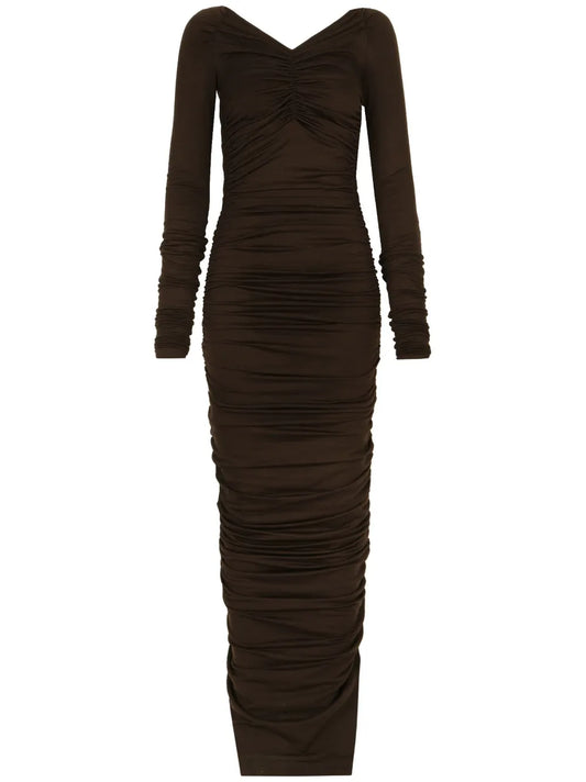 Off-Shoulder Ruched Wool Maxi Dress