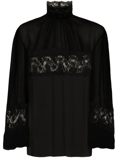 Lace-Embellished High-Neck Blouse