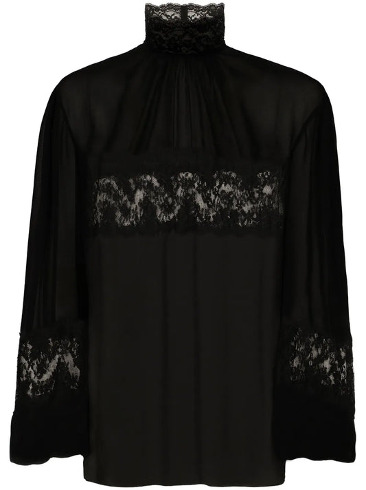 Lace-Embellished High-Neck Blouse