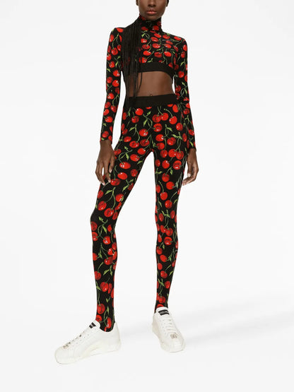 Cherry-Print Long-Sleeve Crop Top