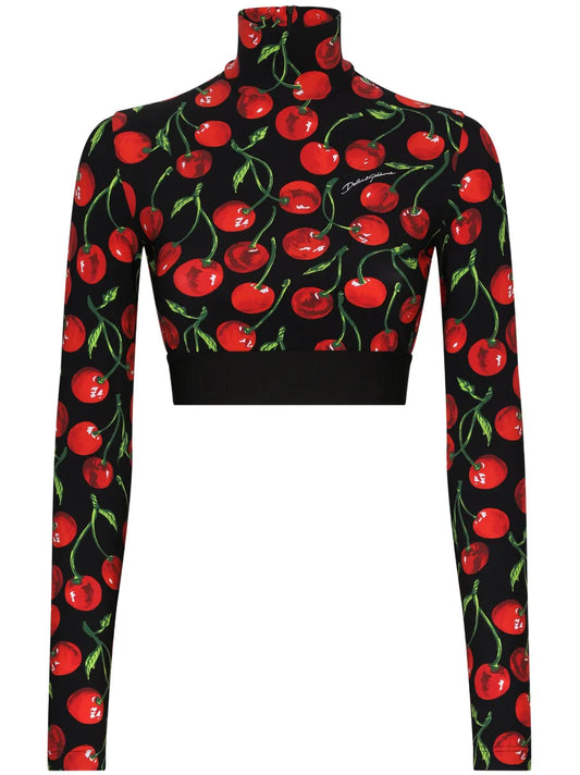 Cherry-Print Long-Sleeve Crop Top